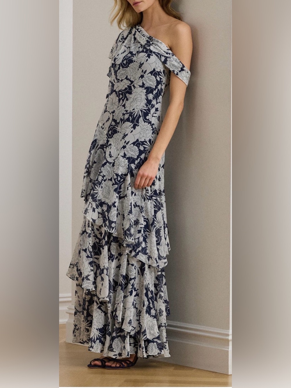 Ralph Lauren Floral Georgette One-Shoulder Gown